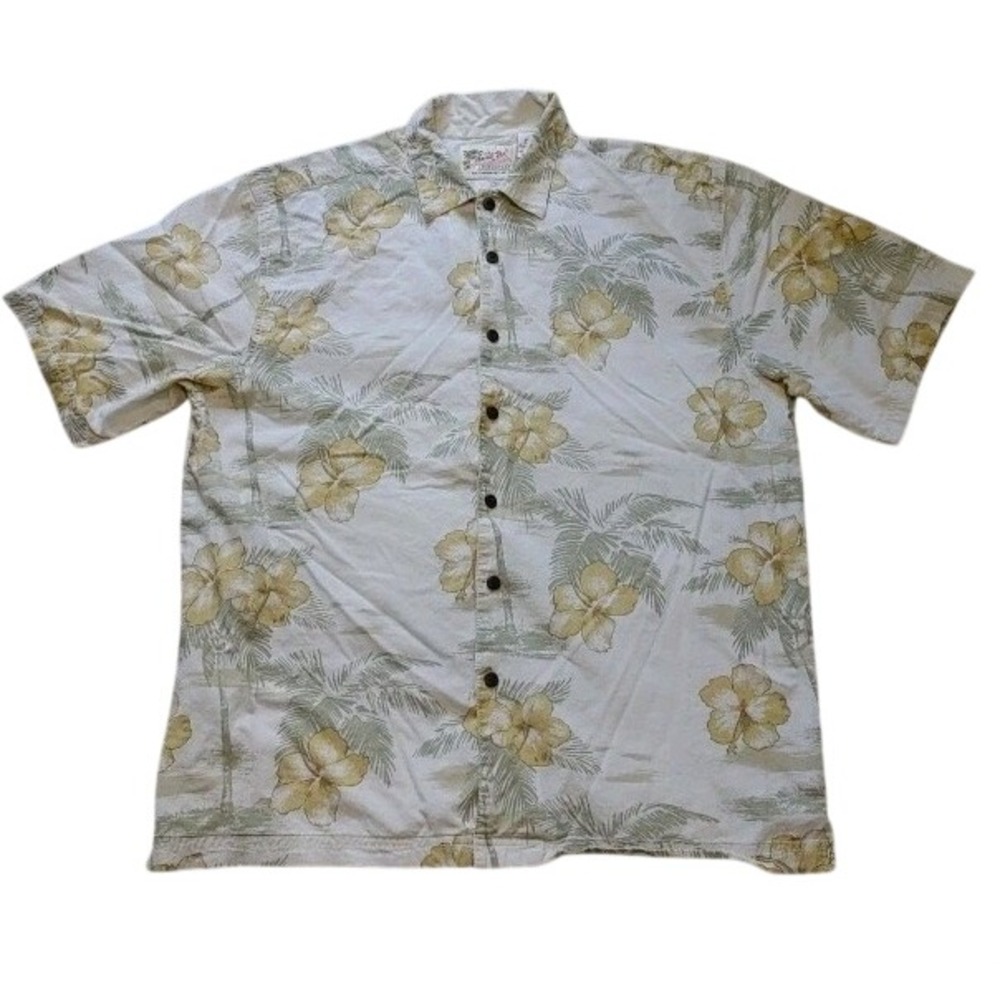 Resortwear Hawaiian Shirt Mens L Beige Button Up Hisbiscus Vacation Cotton